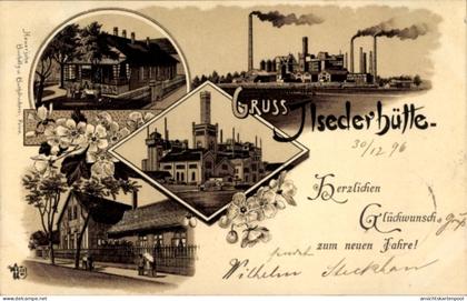 Lithographie Ilsede in Niedersachsen, Ilsederhütte, Fabrikanlagen, Wohnhaus, Fröhliches Neujahr