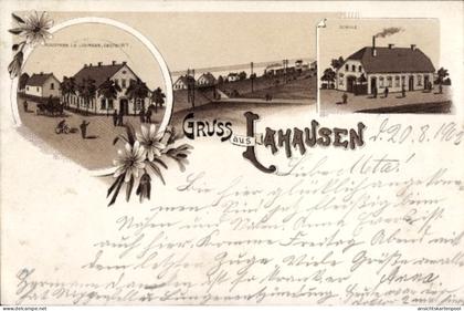 Lithographie Lahausen Weyhe Niedersachsen, Kaufmann und Gasthaus Lohmann, Schule