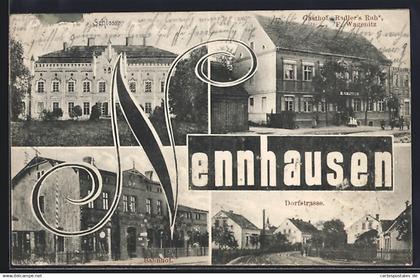 AK Nennhausen, Gasthof Radlers Ruh, Bes. F. Wagenitz, Dorfstrasse und Bahnhof