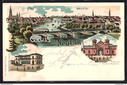 Lithographie Neu-Ulm, Portal der Friedenskaserne, Bahnhof