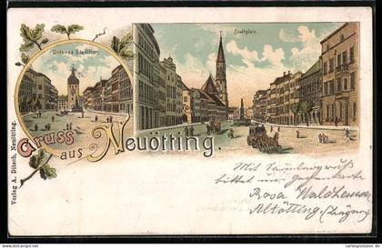 Lithographie Neuötting, Stadtplatz und Unteres Stadttor