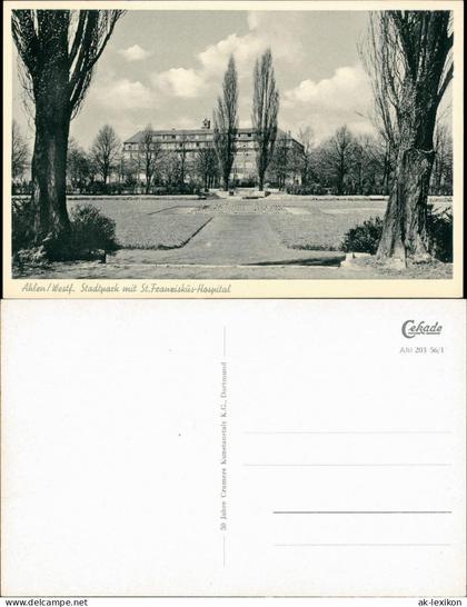 Ansichtskarte Ahlen (Westfalen) Stadtpark mit St. Franziskus-Hospital 1956