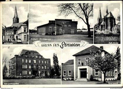 CPA Straelen Niederrhein, Kuhstraße, Erzeuger Versteigerung, Kath. Kirche, Marienhospital, Sparkasse