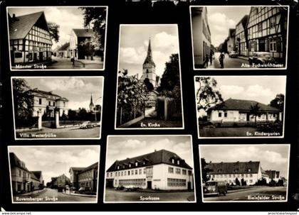 CPA Versmold in Westfalen, evangelische Kirche, Kindergarten, Sparkasse, Fachwerkhäuser, Münster Str