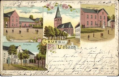 Lithographie Übach Palenberg Nordrhein Westfalen, Bürgermeisteramt, Kirche, Gastwirtschaft, Kirchplatz
