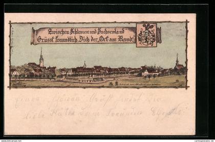 Lithographie Ortrand, Gesamtansicht vom Oberforst aus, Wappen
