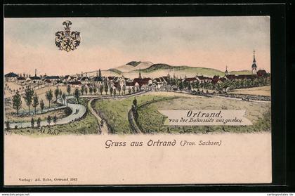 Lithographie Ortrand, Totalansicht der Ortschaft, Wappen