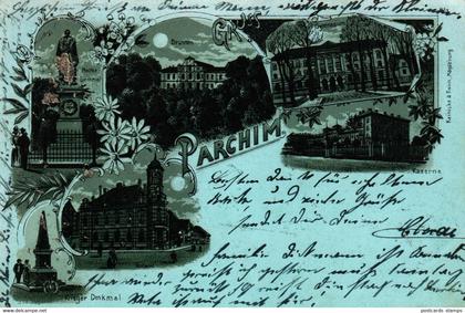Parchim, Mondschein AK m. Postamt u. Gymnasium, 1904