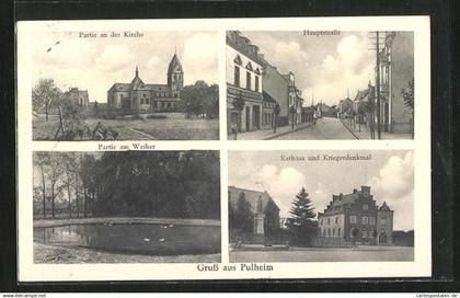 AK Pulheim, Hauptstrasse, Rathaus und Kriegerdenkmal