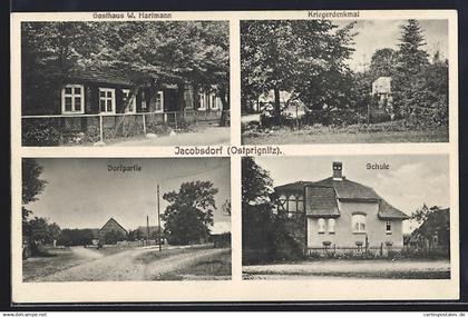 AK Jacobsdorf / Putlitz, Gasthaus W. Hartmann, Kriegerdenkmal, Schule & Dorfpartie