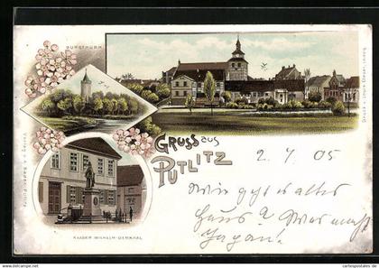 Lithographie Putlitz, Kaiser Wilhelm Denkmal, Burgthurm, Panorama