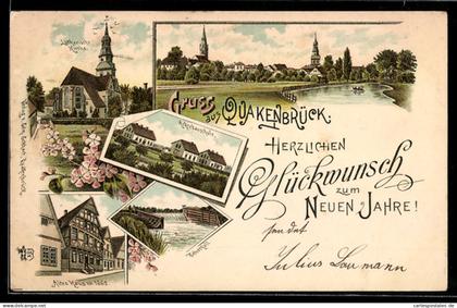 Lithographie Quakenbrück, Teilansicht mit Lutherischer Kirche, Altes Haus von 1662, Ackerbauschule