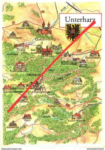 Landkarte AK Unterharz Quedlinburg Thale Gernrode Ermsleben Harzgerode Wippra Hayn Schwenda Straßberg Meisdorf Harz DDR