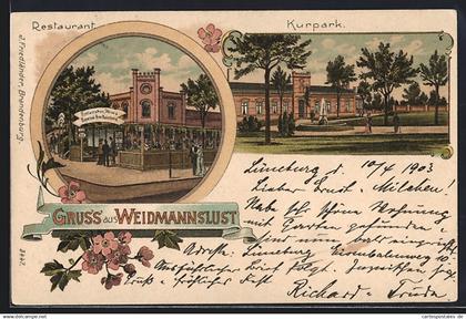 Lithographie Berlin-Wittenau, Waidmannslust, Restaurant mit Weiss-und Bayerisch-Bier-Ausschank, Kurpark