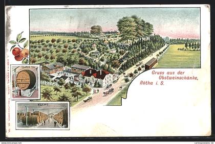 AK Rötha i. S., Obstweinschänke aus der Vogelschau, Grosses Fass und Keller Nr. 3