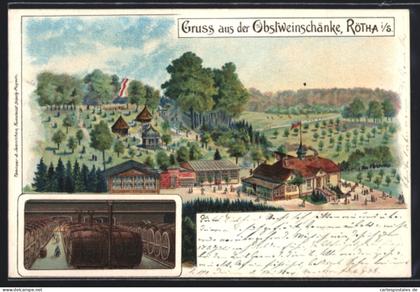 Lithographie Rötha i. S., Gasthaus Obstweinschänke, Innenansicht Keller mit Fässern