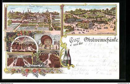 Lithographie Rötha, Ortsansicht mit Schloss, Gasthaus Obstweinschänke, Gesamtansicht mit Kellereien