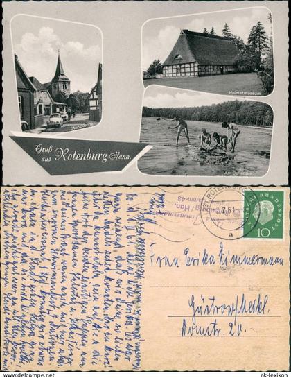 Ansichtskarte Rotenburg (Wümme) Bullenteich, Straße, Heimatmuseum 1961
