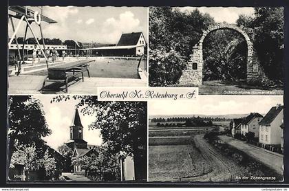 AK Obersuhl /Kr. Rotenburg a. F., Schloss-Ruine Blumenstein, Kirche, Schwimmbad