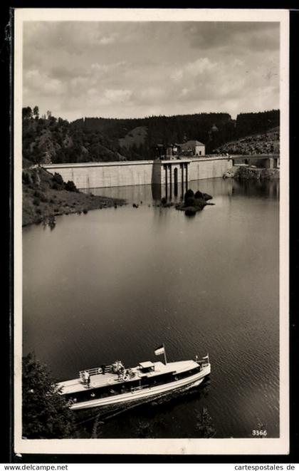AK Hohndorf, Saaletalsperre, Blick von der Burgstelle Hohndorf, Fahrgastschiff auf dem Stautsee
