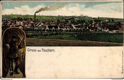 Lithographie Teuchern im Burgenlandkreis, Gesamtansicht, Bergmann