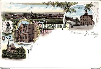 Lithographie Teuchern im Burgenlandkreis, Postamt, Kirche, Markt, Rathaus, Blick zum Ort
