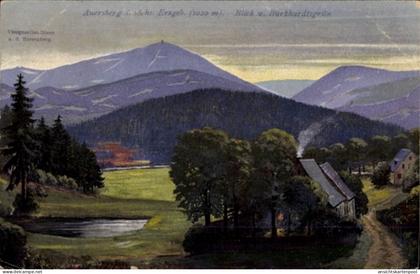 Artiste CPA Burkhardtsgrün Zschorlau im Erzgebirge, Wohnhäuser im Ort, Blick zum Auersberg
