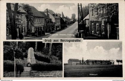 CPA Herzogswalde Wilsdruff Sachsen, Landstraße Dresden - Freiberg, Kriegerdenkmal, Rittergut