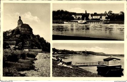 CPA Hirschstein an der Elbe Sachsen, Schloss Schiffe auf dem Wasser, Landschaft, Fluss