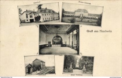 CPA Neschwitz in der Oberlausitz Sachsen, Gasthof, Neues Schloss, Saal, Bahnhof, Altes Schloss