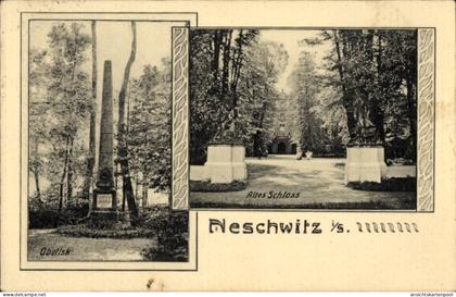 CPA Neschwitz in Sachsen, Obelisk, Altes Schloss, Schwarzweiß-Bild