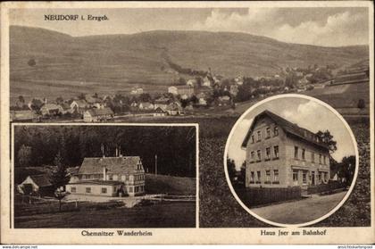 CPA Neudorf Sehmatal im Erzgebirge, Panorama, Chemnitzer Wanderheim, Haus Iser am Bahnhof