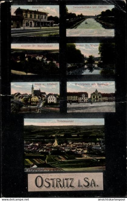 CPA Ostritz in der Oberlausitz, Marktplatz, Rathaus, Kloster St. Marienthal, Bahnhof, Gleisseite