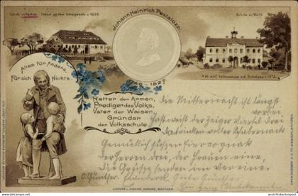 Gaufré Lithographie Rachlau Kubschütz in Sachsen, Johann H. Pestalozzi, Volksschule, Statue
