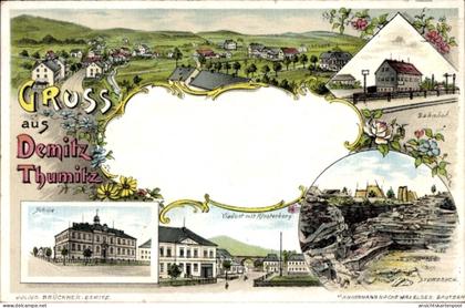 Lithographie Demitz Thumitz in Sachsen, Gesamtansicht, Schule, Bahnhof