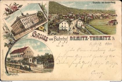 Lithographie Demitz Thumitz in Sachsen, Klosterberg, Bahnhof, Schule