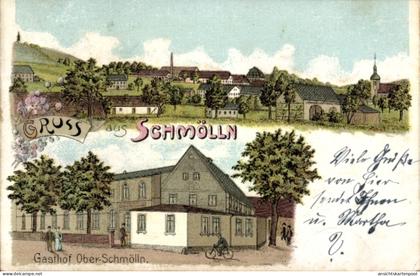 Lithographie Schmölln in der Oberlausitz, Gesamtansicht, Gasthaus Ober-Schmölln