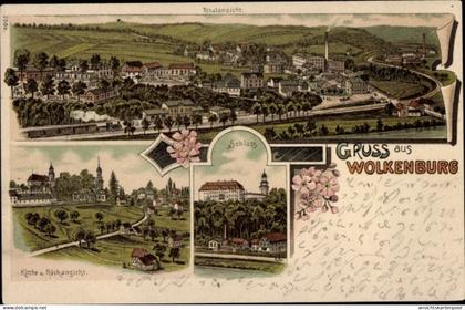 Lithographie Wolkenburg Kaufungen Limbach Oberfrohna Sachsen, Totalansicht, Schloss, Kirche