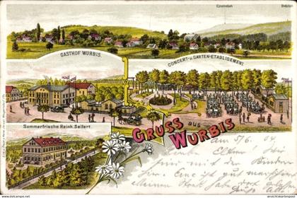 Lithographie Wurbis Crostau Schirgiswalde Kirschau in Sachsen, Gasthof Reinh. Seifert, Garten, Panorama