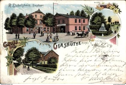 Lithographie Glashütte Norderstedt in Holstein, Gastwirtschaft, Kaiserl. Postamt, Gedenkstein