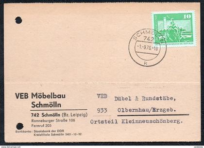 A6249 - alte Postkarte - Bedarfspost - Schmölln - VEB Möbelbau nach Olbernhau 1976