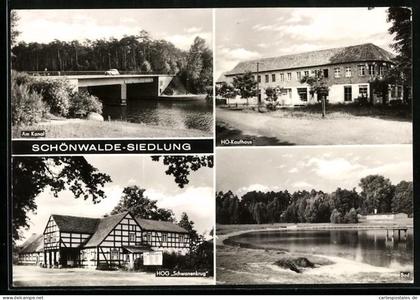 AK Schönwalde-Glien, Schönwalde-Siedlung, Am Kanal, HO-Kaufhaus, HOG Schwanenkrug, Bad