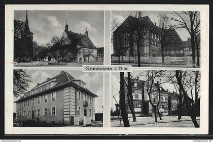 AK Sömmerda i. Thür., Marktplatz mit Rathaus, Post, Stadt-Sparkasse u. Krankenhaus