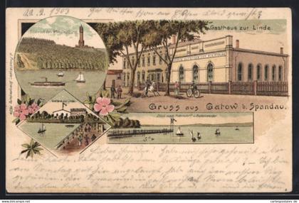 Lithographie Berlin-Gatow, Gasthaus zur Linde, Blick nach dem Wilhelmsturm