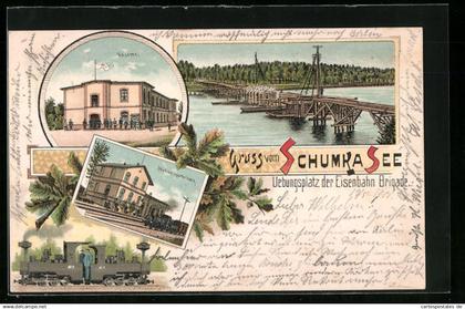 Lithographie Sperenberg, Bahnhof mit einfahrendem Zug, Kaserne, Übungsplatz der Eisenbahn-Brigade
