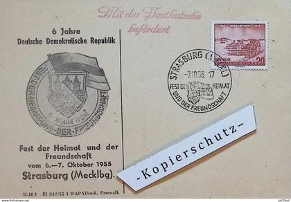 Fest der Heimat in Strasburg , 1955 , Mecklenburg , mit Postkutsche befördert , 6 Jahre DDR , Ganzsache , Reklame !!!