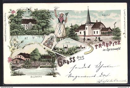 Lithographie Straupitz im Spreewald, Bahnhof, Schloss, Buschmühle
