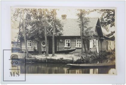 Old Real Photo Postcard Germany -  Old House Near The River - Fishing Boats