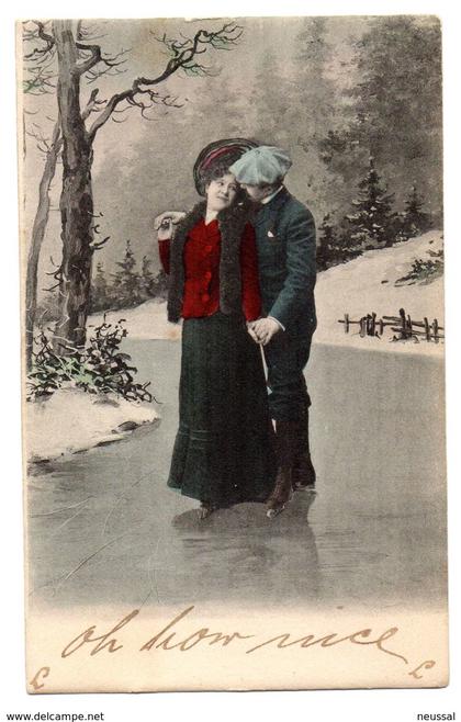 tarjeta postal de alemania pareja patinando sobre hielo circulada 1902