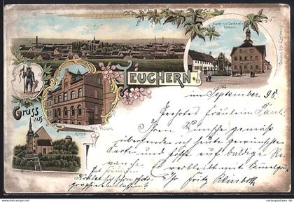 Lithographie Teuchern, Kais. Postamt, Markt mit Rathaus und Denkmal, Panorama